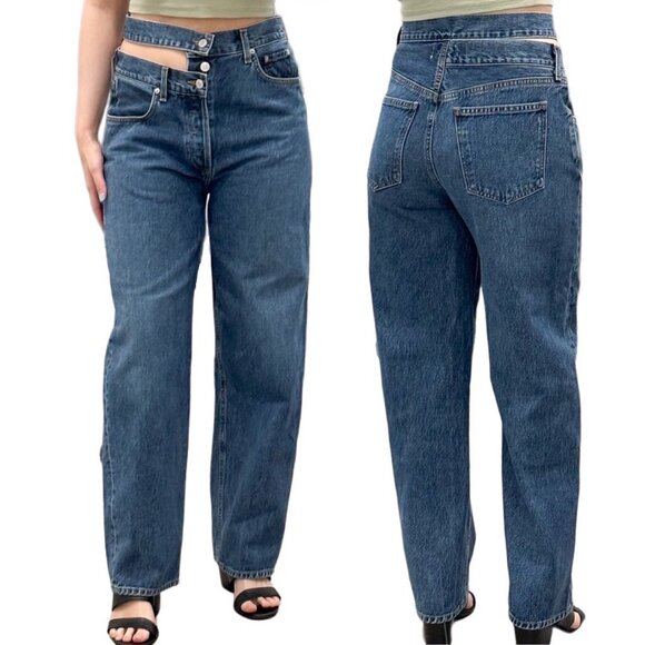Agolde High Rise Broken Waistband Asymmetrical Jean in Intrigue Blue Denim Sz 28 - Picture 3 of 15